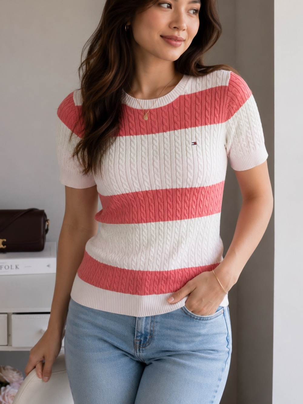 Tommy Hilfiger Coral and White Striped Cable-Knit Short Sleeve Tee
